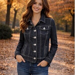 Baccini Womens M Gray Denim Jacket Rhinestone Buttons Contrast Stitch Ruffle